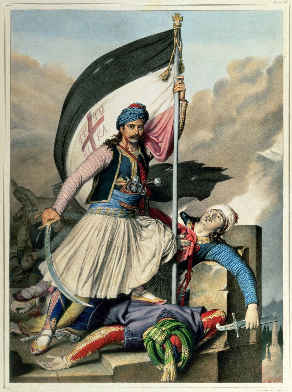 Plavba do Athén a Konstantinopole: Nikolaki Mitropoulos na velikonočním dni 1821, 1825 přebírá v Saloně prapor kříže od Louis after Dupre