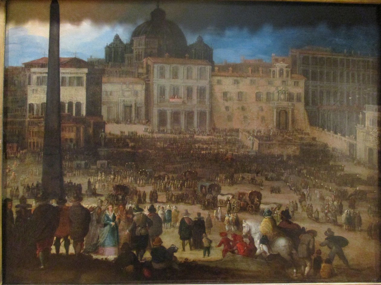 Pohled na náměstí svatého Petra v Římě, když se papež Klement VIII. Po svém zvolení v roce 1592 objeví na lodžii od Louis de Caullery