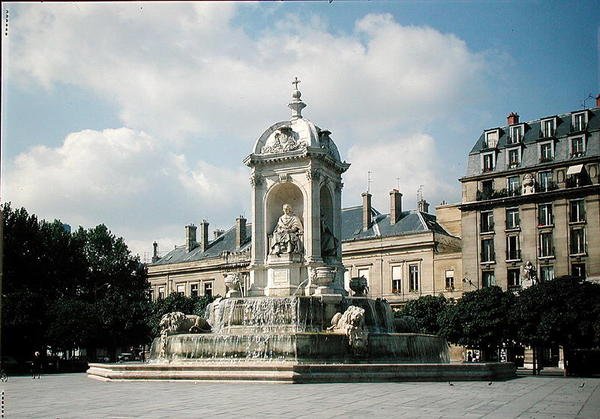 Pohled na Fontaine des Quatre-Eveques, Place Saint-Sulpice, postavený v roce 1844 od Louis or Ludovico Visconti