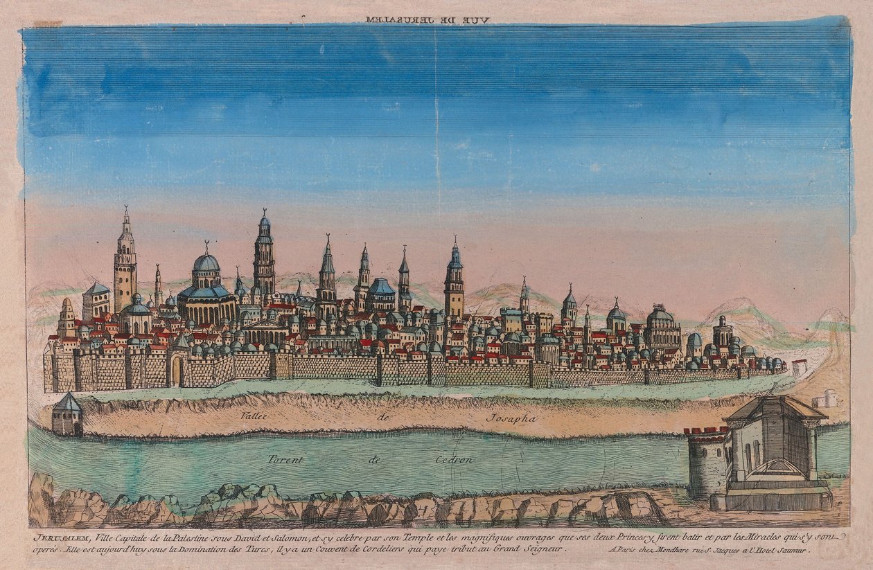 Pohled na Jeruzalém, 1770 (ručně kolorovaná rytina) od Louis Joseph Mondhare