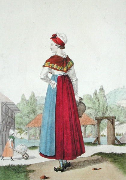 Tradiční kostým Lisieux, vyrytý Gatinem kolem roku 1820 (barevná rytina) od Louis Marie (after) Lante