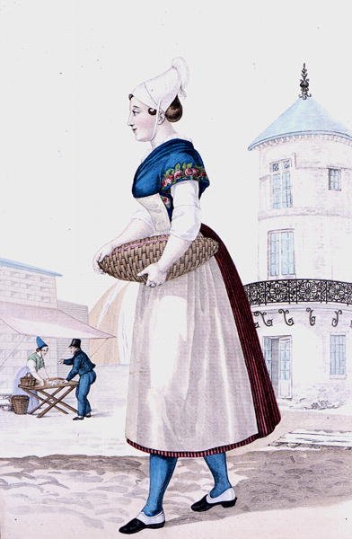 Tradiční kostým St. Valery en Caux, vyrytý Gatinem kolem roku 1820 (barevná rytina) od Louis Marie (after) Lante