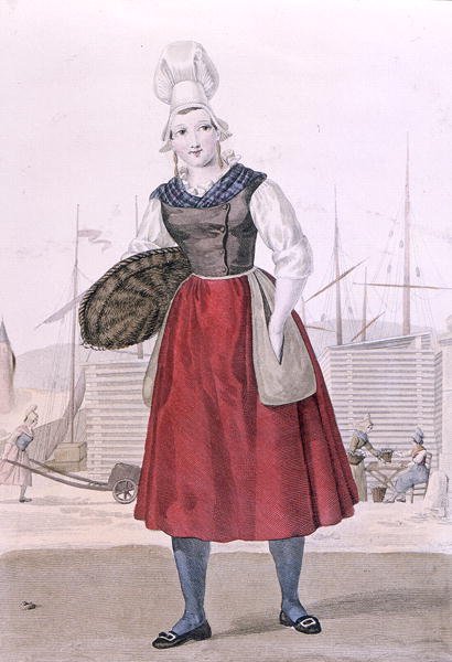 Tradiční kostým prodejce ryb z Dieppe, vyrytý Gatinem c.1820 (barevná rytina) od Louis Marie (after) Lante