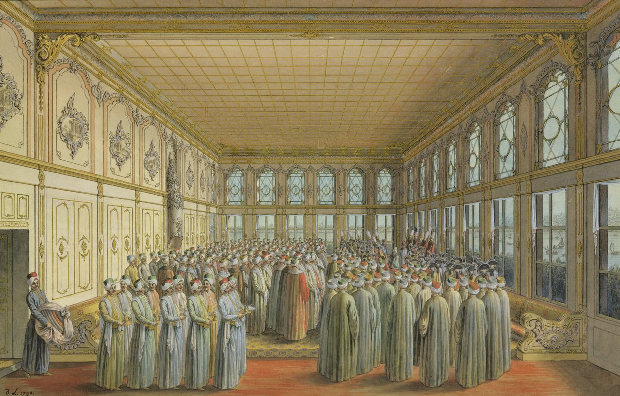 Přijetí velvyslance velkovezírem v paláci Topkapi, Konstantinopol, 1790 (wc a tělová barva křídou, perem a inkoustem na papíře) od Louis Nicolas de Lespinasse