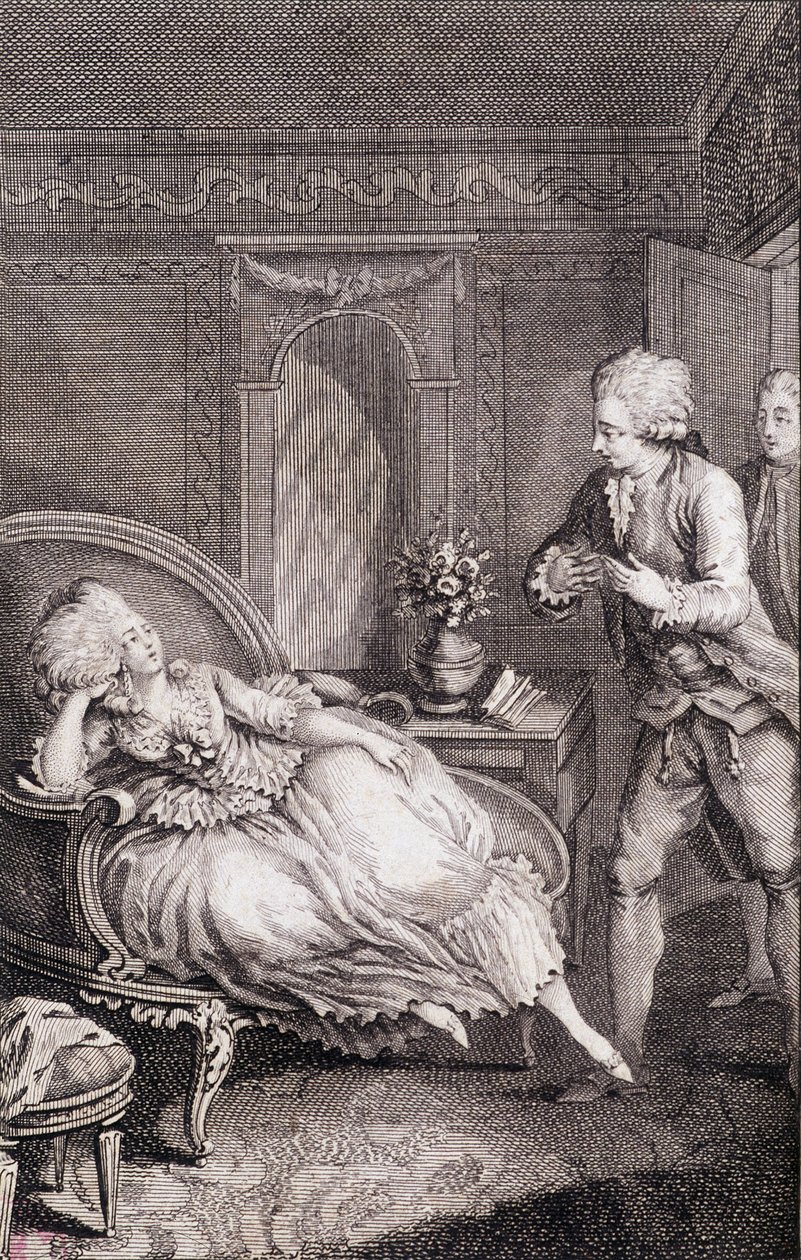 Gentilhomme vyznává lásku dámě, která se trápí na pastoušce - in "Les francaises ou 34 examples chosen in the current mores suitable to lead daughters, wives, mothers" by Restif de La Bretonne (1734-1806), ill. by Binet, Neufchatel od Louis (after) Binet