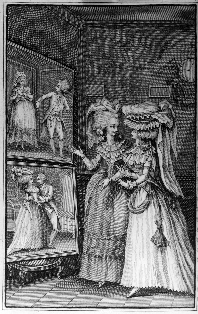 Ilustrace Louise Bineta (1744-1800) ke knize Nicolase Edme Restifa de La Bretonne „Les Parisiennes“ neboli XL Obecné postavy přijaté v moderních Maurech, vhodné k tomu, aby sloužily l’instruction des Person-du-Sexe, převzato z memoárů nového Lycee des mo od Louis (after) Binet