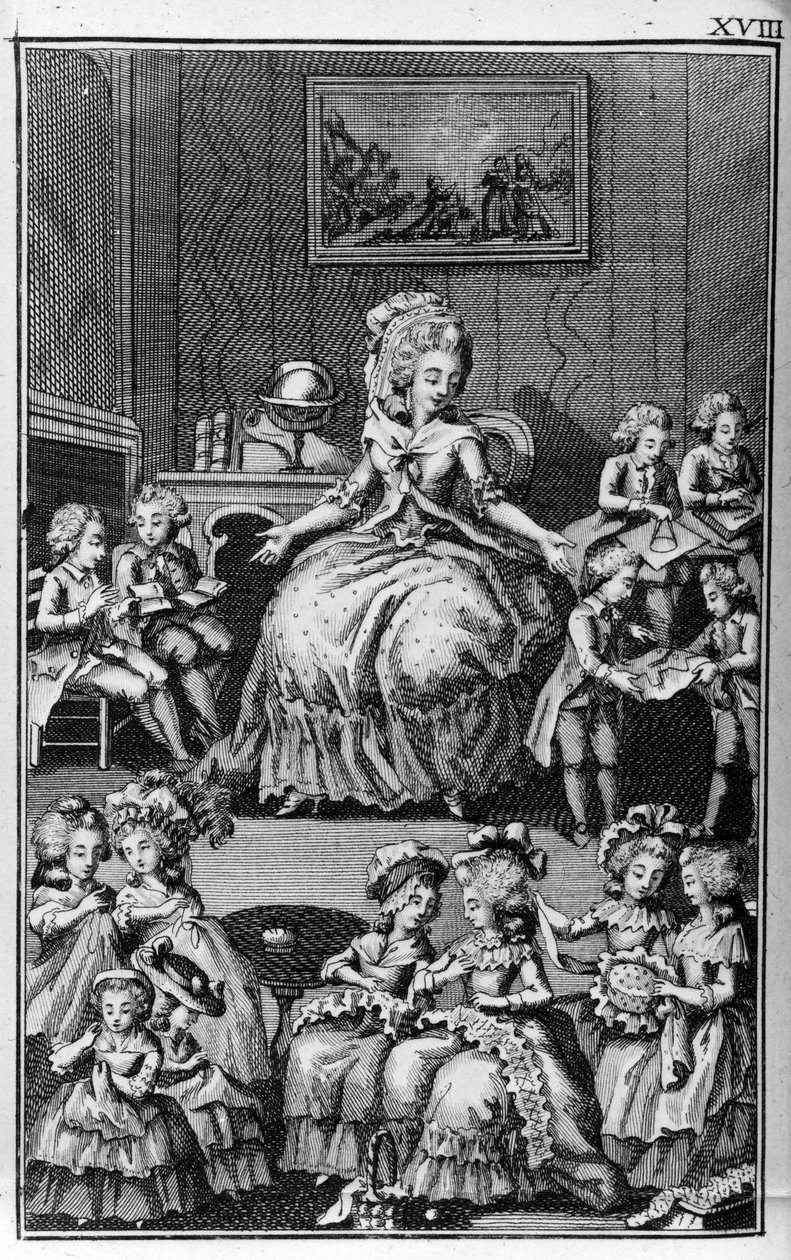 Ilustrace Louise Bineta (1744-1800) ke knize Nicolase Edme Restifa de La Bretonne „Les Parisiennes“ neboli XL Obecné postavy přijaté v moderních Maurech, vhodné k tomu, aby sloužily l’instruction des Person-du-Sexe, převzato z memoárů nového Lycee des mo od Louis (after) Binet