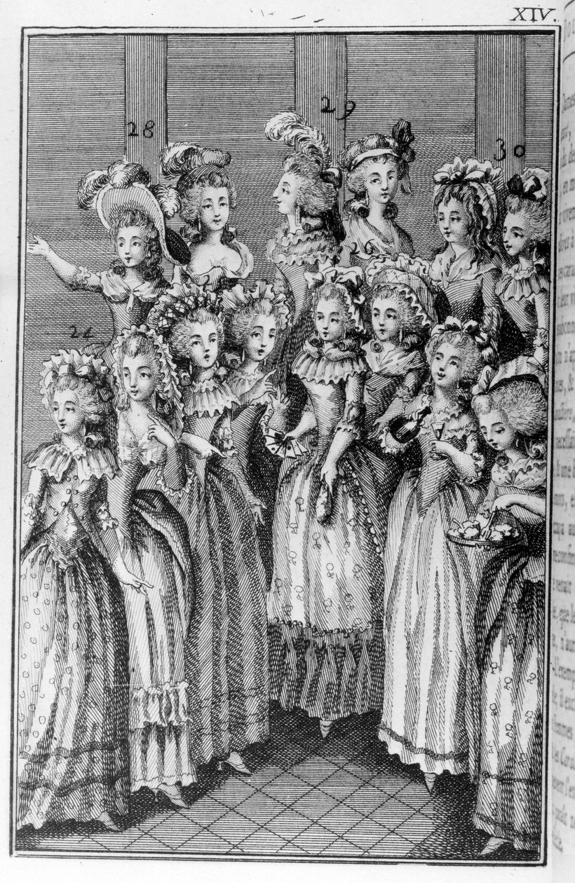 Ilustrace Louise Bineta (1744-1800) ke knize Nicolase Edme Restifa de La Bretonne „Les Parisiennes“ neboli XL Obecné postavy přijaté v moderních Maurech, vhodné k tomu, aby sloužily l’instruction des Person-du-Sexe, převzato z memoárů nového Lycee des mo od Louis (after) Binet