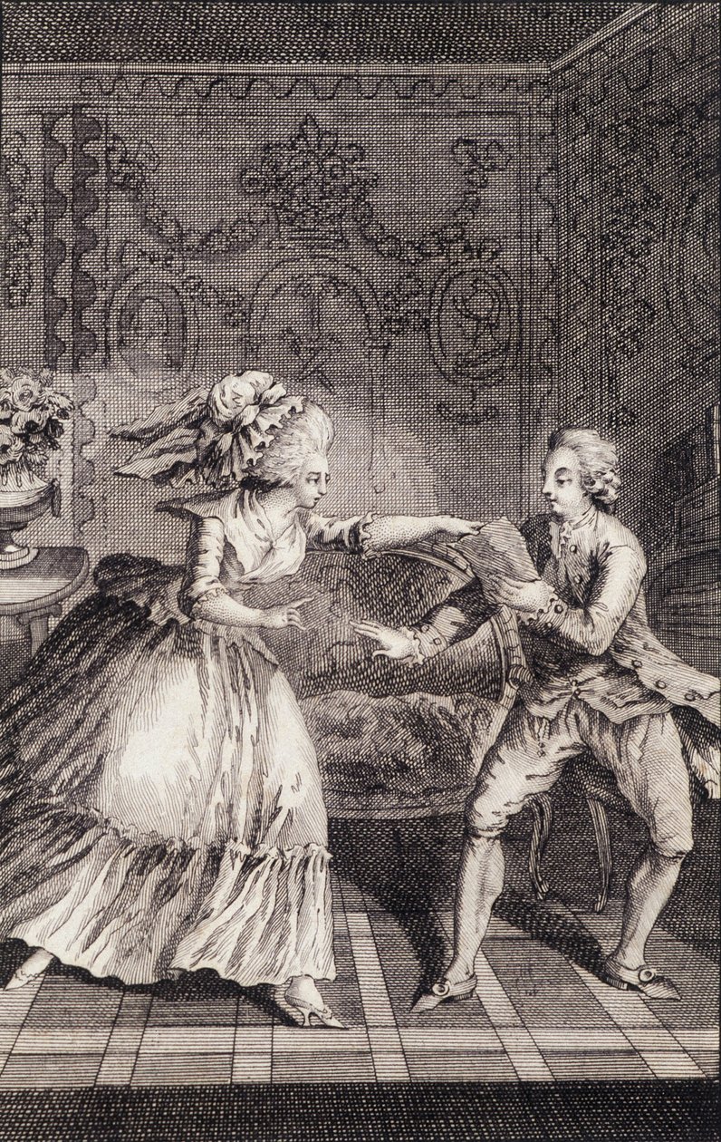 Le billet doux subtilisé (osvobození) - v „“ Les francaises ou 34 příkladů vybraných v současných mravech vhodných k vedení dcer, žen, manželek, matek“ od Restifa de La Bretonne (1734-1806), nemocného. od Binet, Neufchatel od Louis (after) Binet