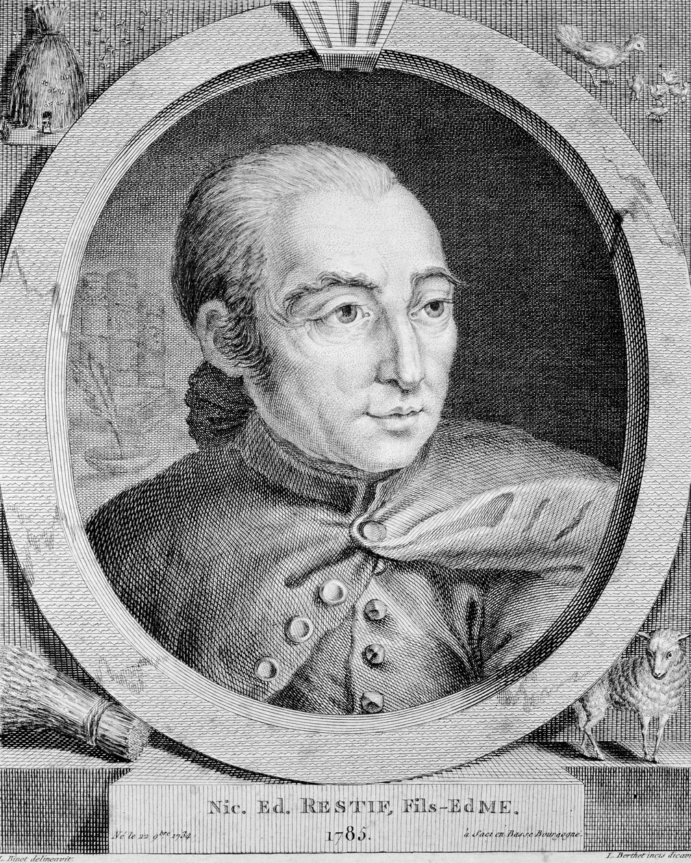 Portrét Nicolase Edme Restifa de La Bretonne (1734-1806) (také Retif de La Bretone) - od Bineta, rytina od Louis (after) Binet
