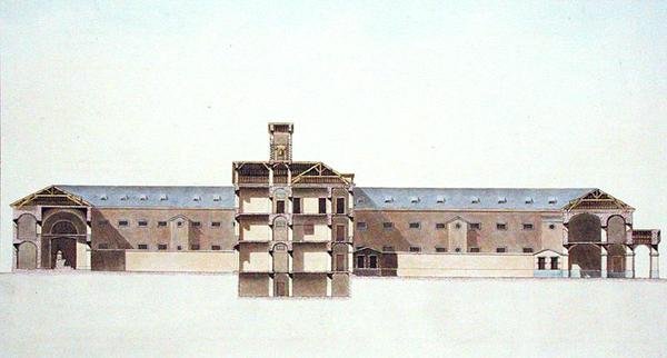 Průřez Novou věznicí v Bruselu, z "Choix des Monuments, Edifices et Maisons les plus remarquables du Royaume des Pays-Bas" od Pierra Jacquese Goetghebuera, rytina autora, vydáno 1827 (akvatinta) od Louis (after) Damesme