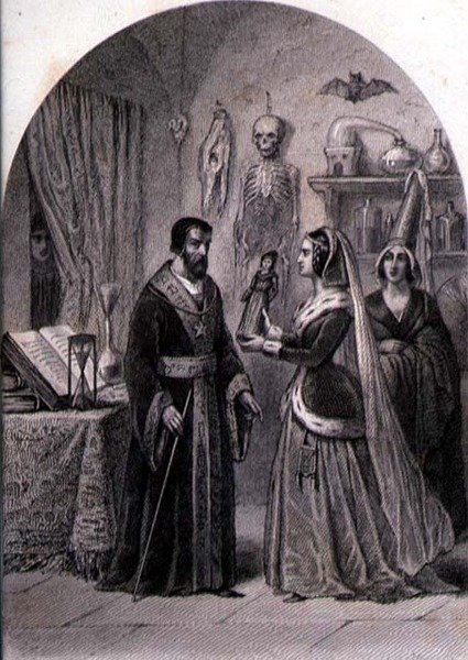 Klient navštěvuje čaroděje, vyryl Philibert Langlois (fl.c.1834-9) (rytina) od Louis (after) Marckl