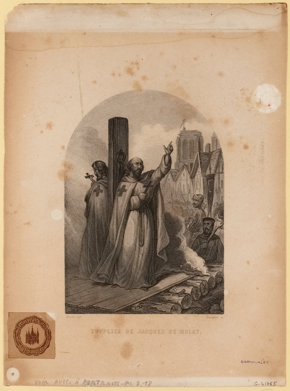Torment of Jacques de Molay, rytý Jean-Charles Pardinel od Louis (after) Marckl