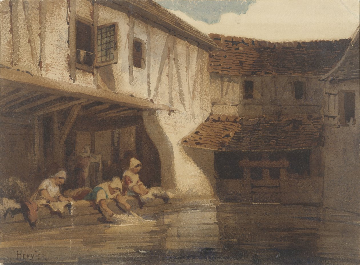 Mytí žen v otevřené hale bytového komplexu na vodě od Louis Adolphe Hervier (signed by artist)