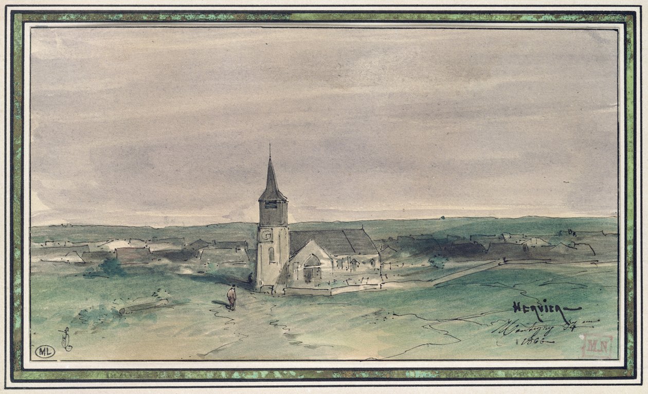 Kostel a vesnice uprostřed pole, Montigny, 1866 (pero a inkoust a wc na papíře) od Louis Adolphe Hervier