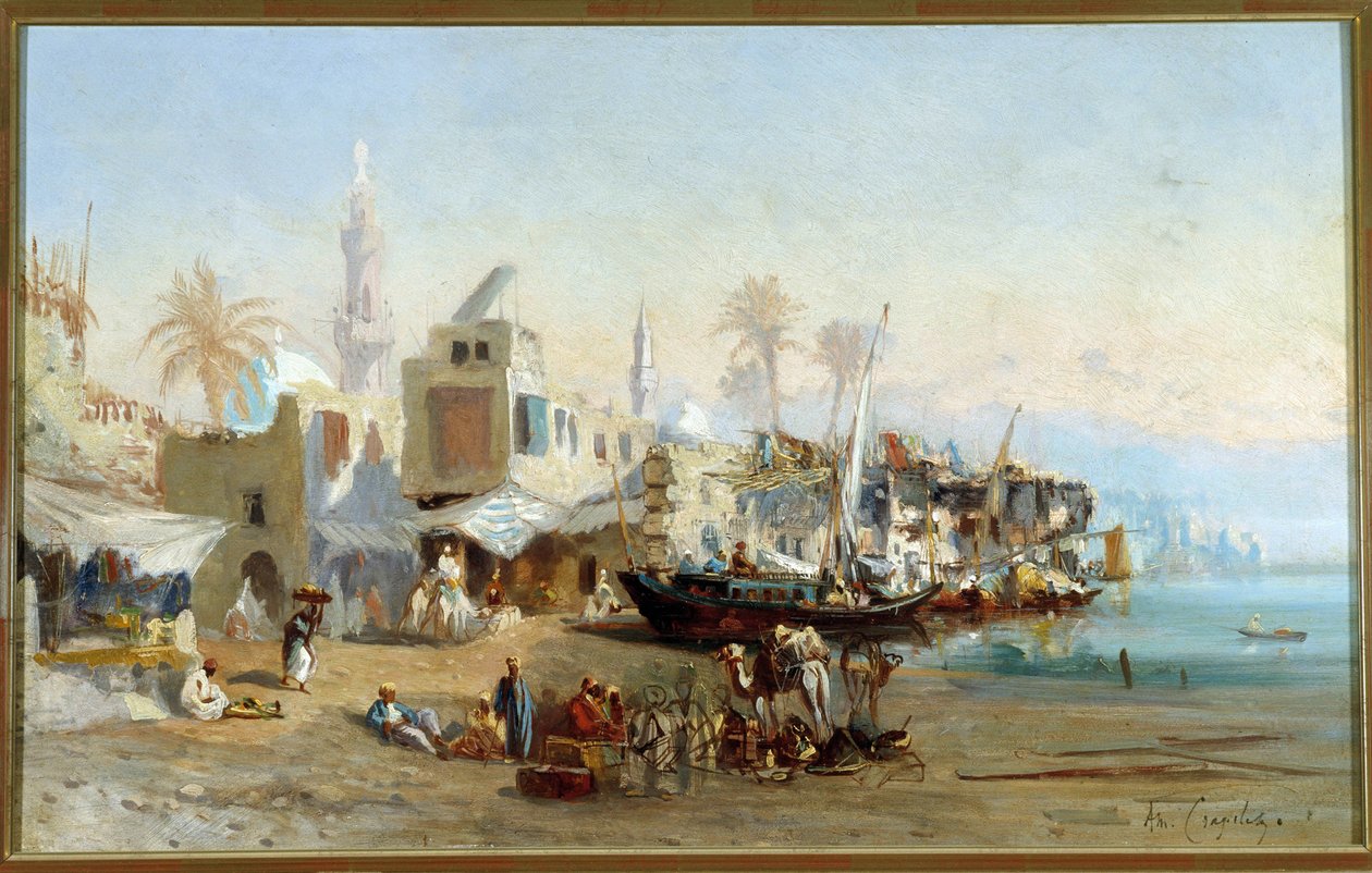 Rybáři a mešity přístavu Boulack v Egyptě Obraz Amable Louis Crapelet (1822-1867) Sun. 41x64 cm Povinná zmínka: Regards de Provence Foundation collection, Marseille od Louis Amable Crapelet