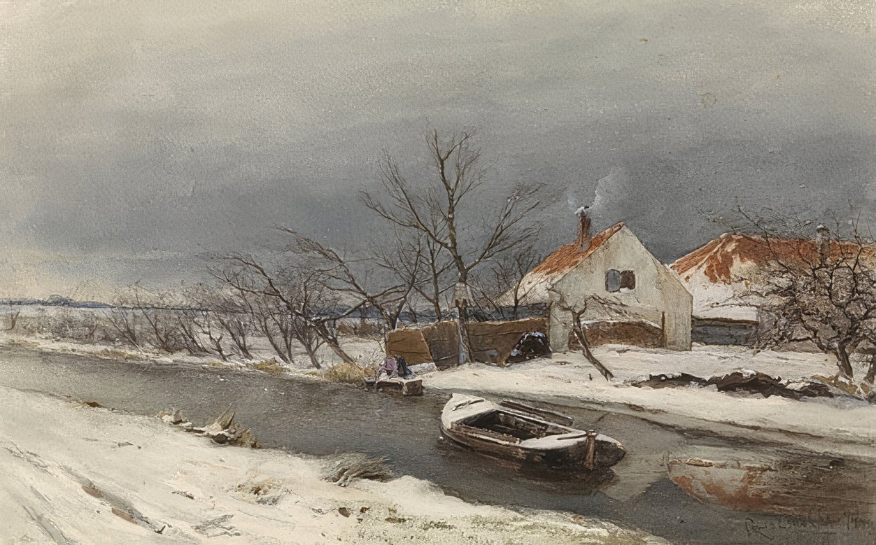 Winterlandschaft mit Häusern und einem Kanal (Zimní krajina s domy na kanálu). 1874 od Louis Apol
