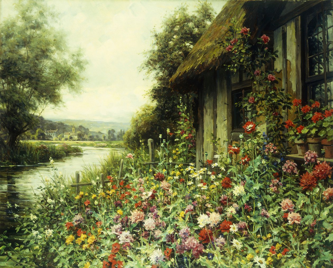 Květiny v květu mimo chalupu (olej na plátně) od Louis Aston Knight