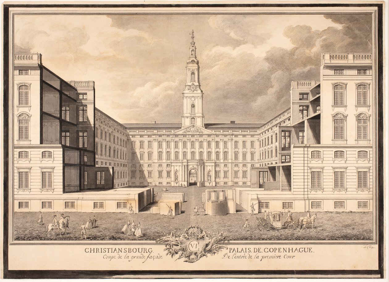 Palác Christiansborg v Kodani. Řez velkého průčelí vstupu na první nádvoří od Louis Auguste Le Clerc