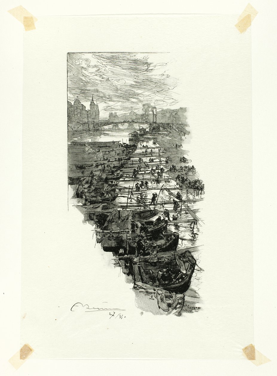 Trh s jablky, pohled z Pont Louis-Philippe, sedmá deska z knihy Le Long de la Seine et des Boulevards od Louis Auguste Lepère