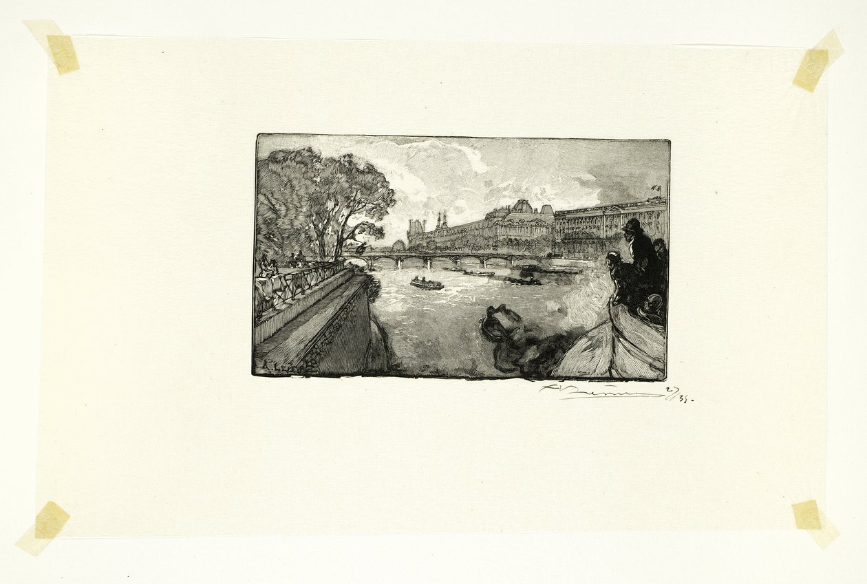 Louvre, pohled od Pont-Neuf, třináctá deska z knihy Le Long de la Seine et des Boulevards od Louis Auguste Lepère