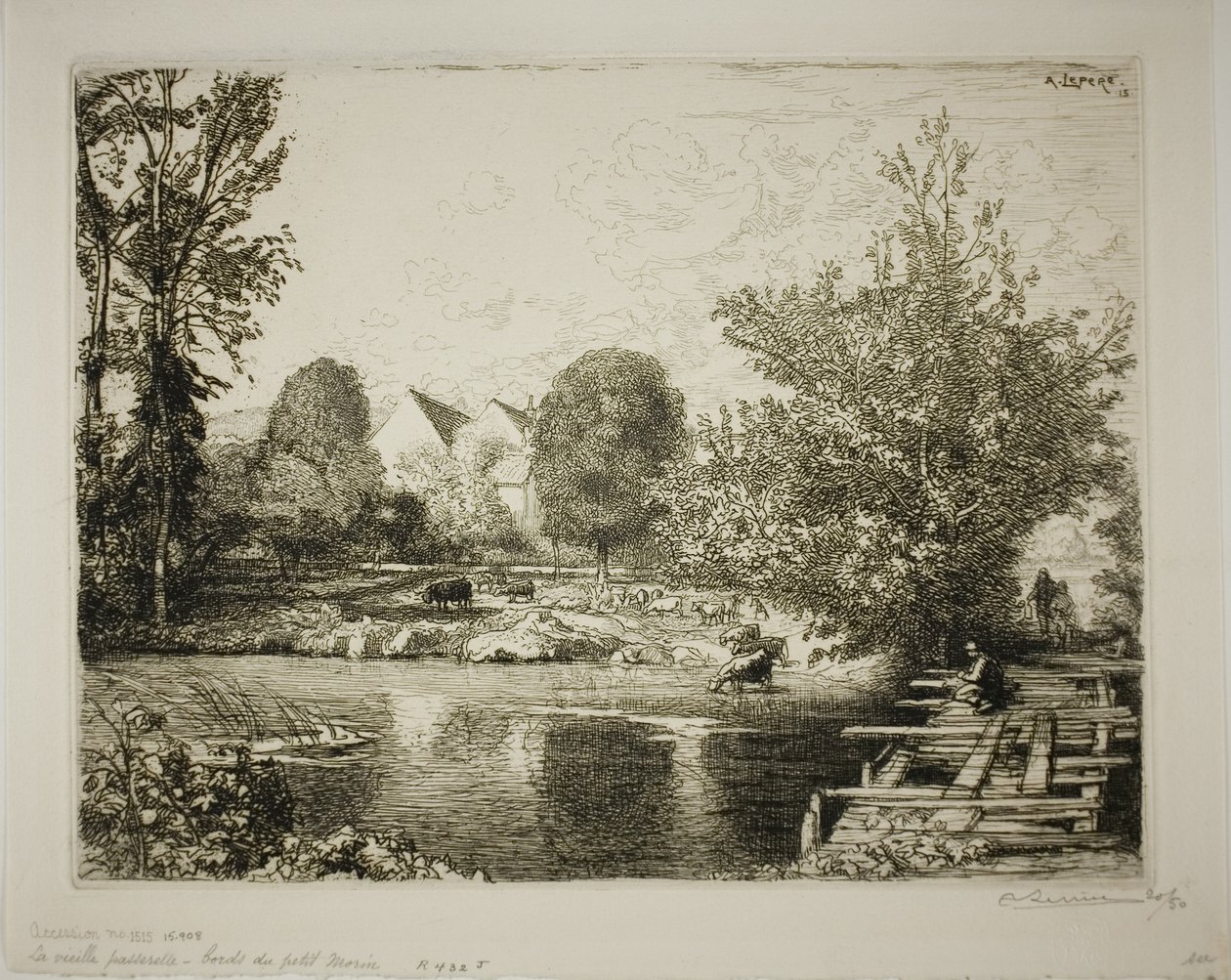 Stará lávka, břehy řeky Petit Morin od Louis Auguste Lepère