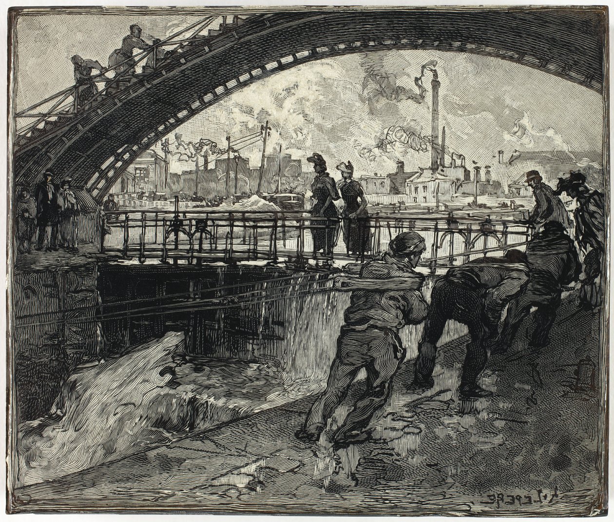 Dřevoryt pro stavidlo kanálu Saint-Martin od Louis Auguste Lepère