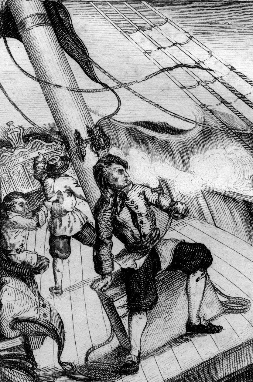Každou minutu jsem očekával, že mě pohltí rytina po kresbě M. de Sainsona pro Knihu Daniela Defoe (De foe) „“Robinson Crusoe““ francouzské vydání z roku 1837. od Louis Auguste de Sainson
