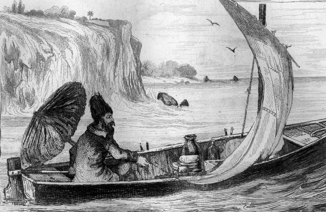 Poháněla mě současná rytina po kresbě M. de Sainsona pro Knihu Daniela Defoe (De foe) „Robinson Crusoe““ francouzské vydání z roku 1837. od Louis Auguste de Sainson