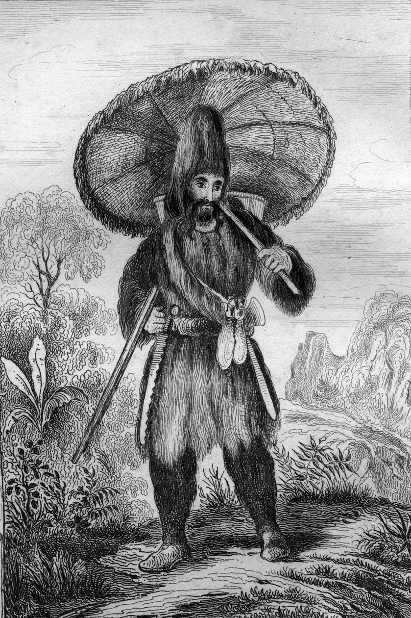 Měl jsem na sobě klobouk vysoké... rytiny podle kresby M. de Sainsona pro Knihu Daniela Defoe (De foe) “Robinson Crusoe”” francouzské vydání z roku 1837. od Louis Auguste de Sainson