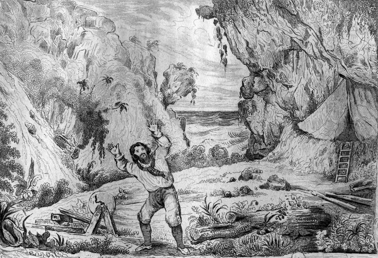 Třikrát se mi terén chvěl pod nohama rytina po kresbě M. de Sainsona pro Knihu Daniela Defoe (De foe) „“Robinson Crusoe““ francouzské vydání z roku 1837. od Louis Auguste de Sainson
