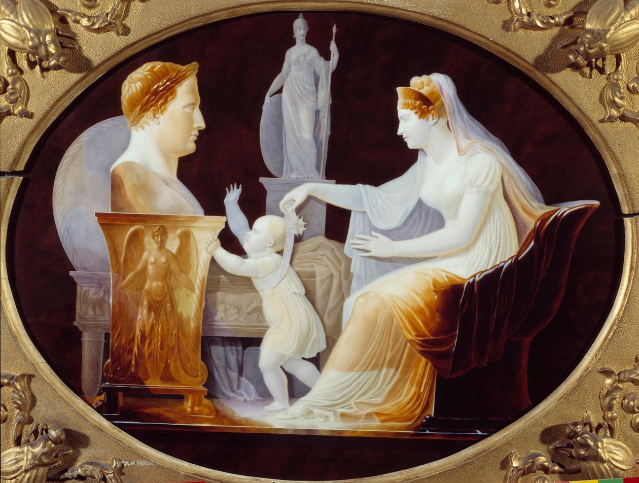 Impressa Marie Louise, která vede první kroky římského krále Napoleona II., vévody z Reichstadtu (1811-1832), syna císaře Napoleona I. (1769-1821), před bustou svého otce Porcelánový talíř od Louise Bertina Paranta (1768-1851) 1813 Paříž. La Leg od Louis Bertin Parant