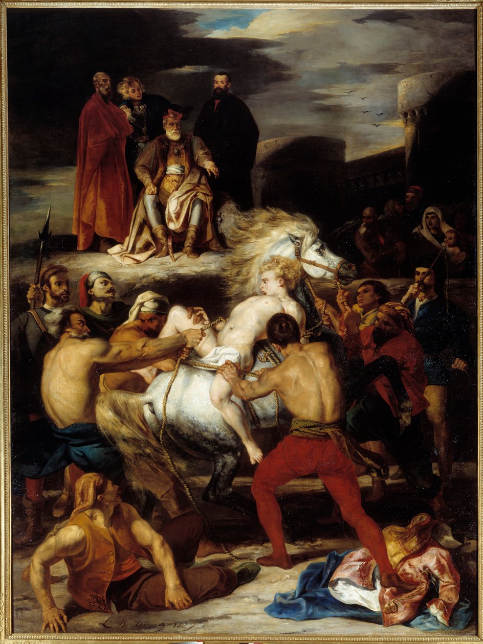 Mazepova muka. Mazeppa je přivázán k divokému koni na příkaz hraběte Palatina, kterého urazil. Ilustrace k básni Lorda Byrona „Mazeppa““. Obraz Louis Boulanger (1806-1867) od Louis Boulanger