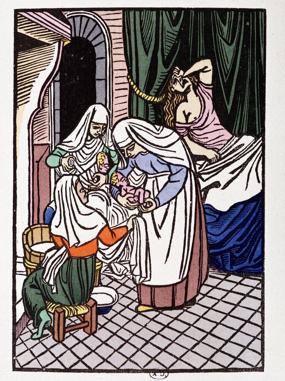 Rodící žena - v „“Lásky Frene a Galeran vyprávěné po Jean Renard, nález z 12. století, adaptováno André Mary““, nemoc. dřevorytů od Louis Bouquet, ed. Jonquieres, Paříž od Louis Bouquet