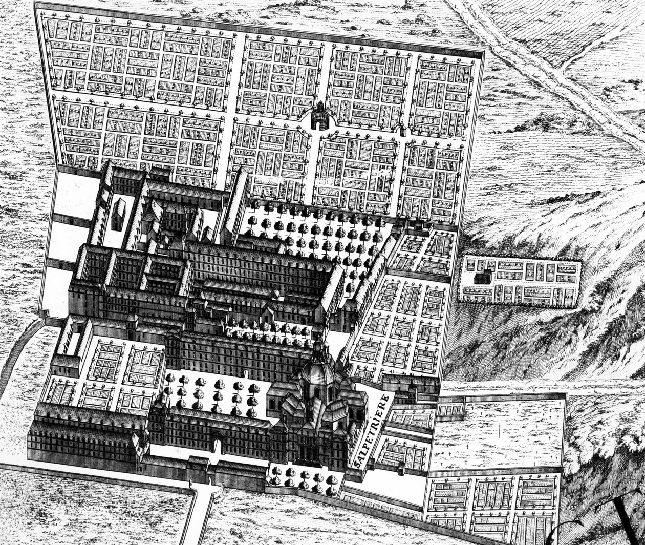 Nemocnice La Salpêtrière, detail z plánu Paříže, známý jako Plan de Turgot, vyrytý Claudem Lucasem, 1734-39 detail rytiny 233535 od Louis Bretez