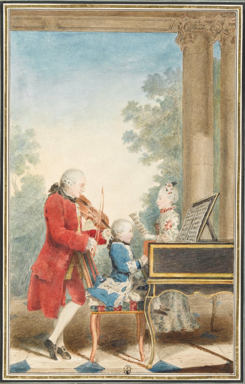 Portrét Wolfganga Amadea Mozarta (1756, Salcburk - 1791, Vídeň) hrajícího v Paříži se svým otcem Jeanem-Georgem-Léopoldem a sestrou Marií-Annou. od Louis Carrogis Carmontelle