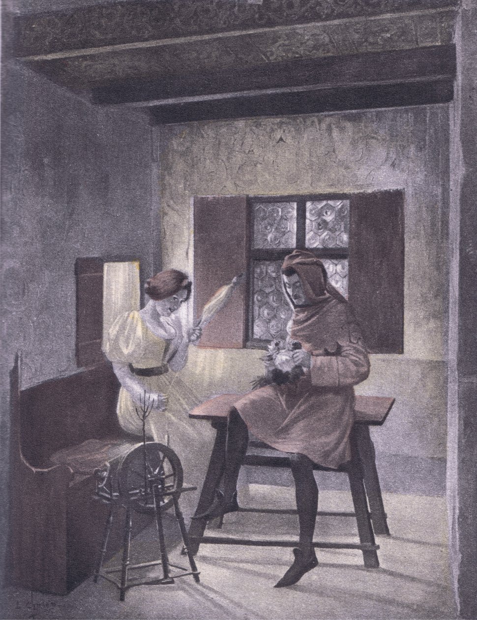 Simona spinning, ilustrace z Dekameronu z Boccaccia vydaná Navarrskou společností 30. léta (litho) od Louis Chalon