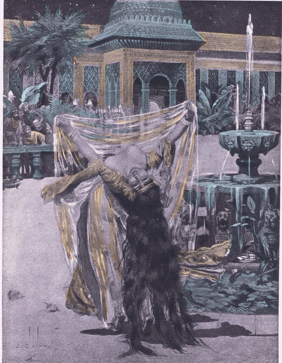 Tančící Soldán babylonské dcery, ilustrace z Dekameronu z Boccaccia vydané Navarrskou společností 30. léta (litho) od Louis Chalon