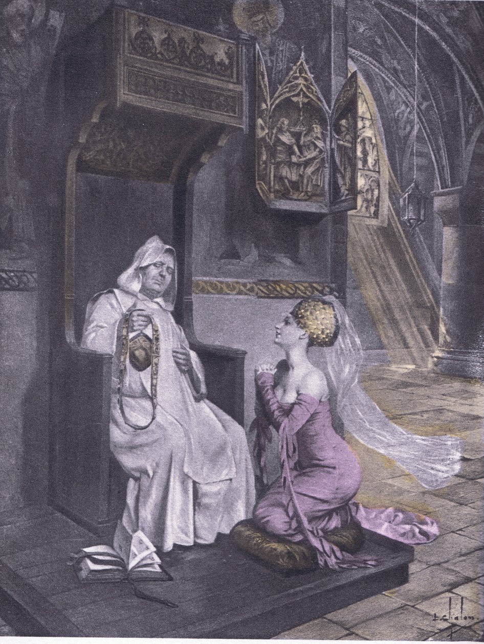 Dáma a mnich, ilustrace z Dekameronu z Boccaccia vydané Navarrskou společností 30. léta (litho) od Louis Chalon