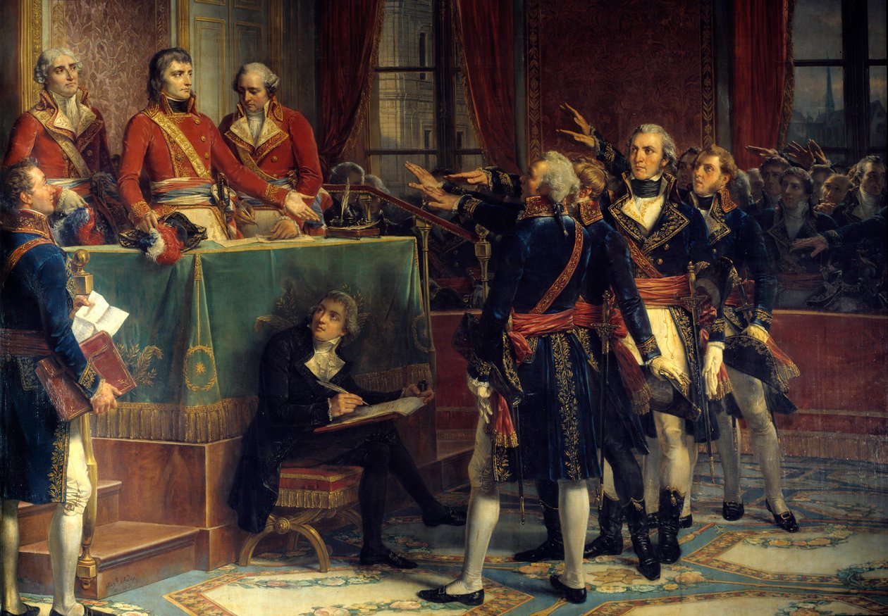 Tři konzulové: Bonaparte, Cambaceres a Lebrun přijímající prezidentské přísahy Vpravo Emmanuel-Joseph (Emmanuel Joseph) Sieyes (1748-1836) a Pierre-Roger (Pierre Roger) Ducos (Roger Ducos) (1747-1816). Obraz Louis Charles Auguste Coud od Louis Charles Auguste Couder