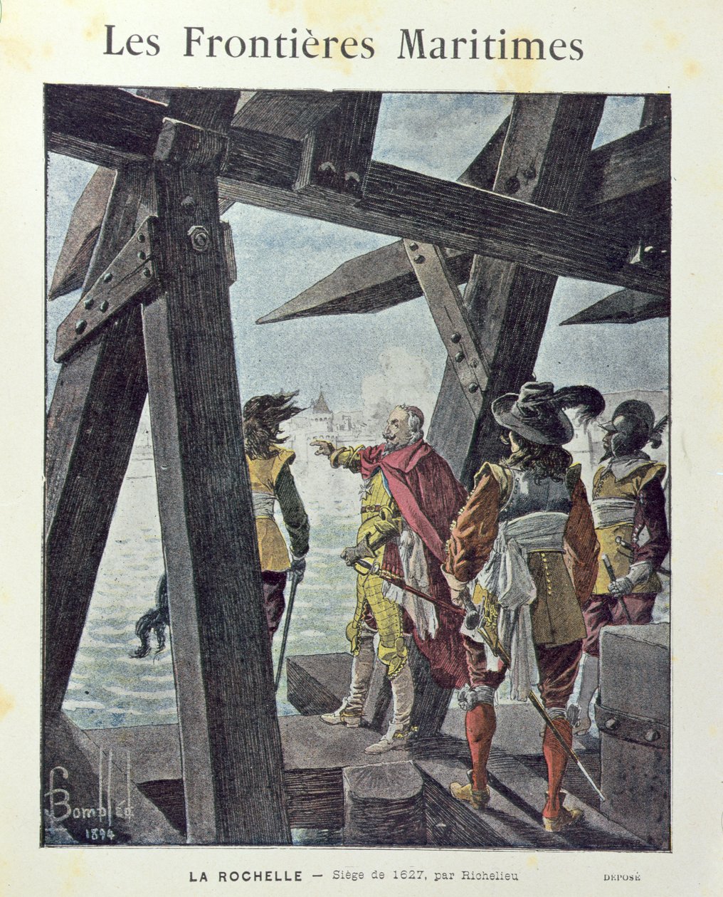 Armand-Jean du Plessis, kardinál de Richelieu (1585-1642) při obléhání la Rochelle v roce 1627, obálka školního sešitu c. 1894 od Louis Charles Bombled