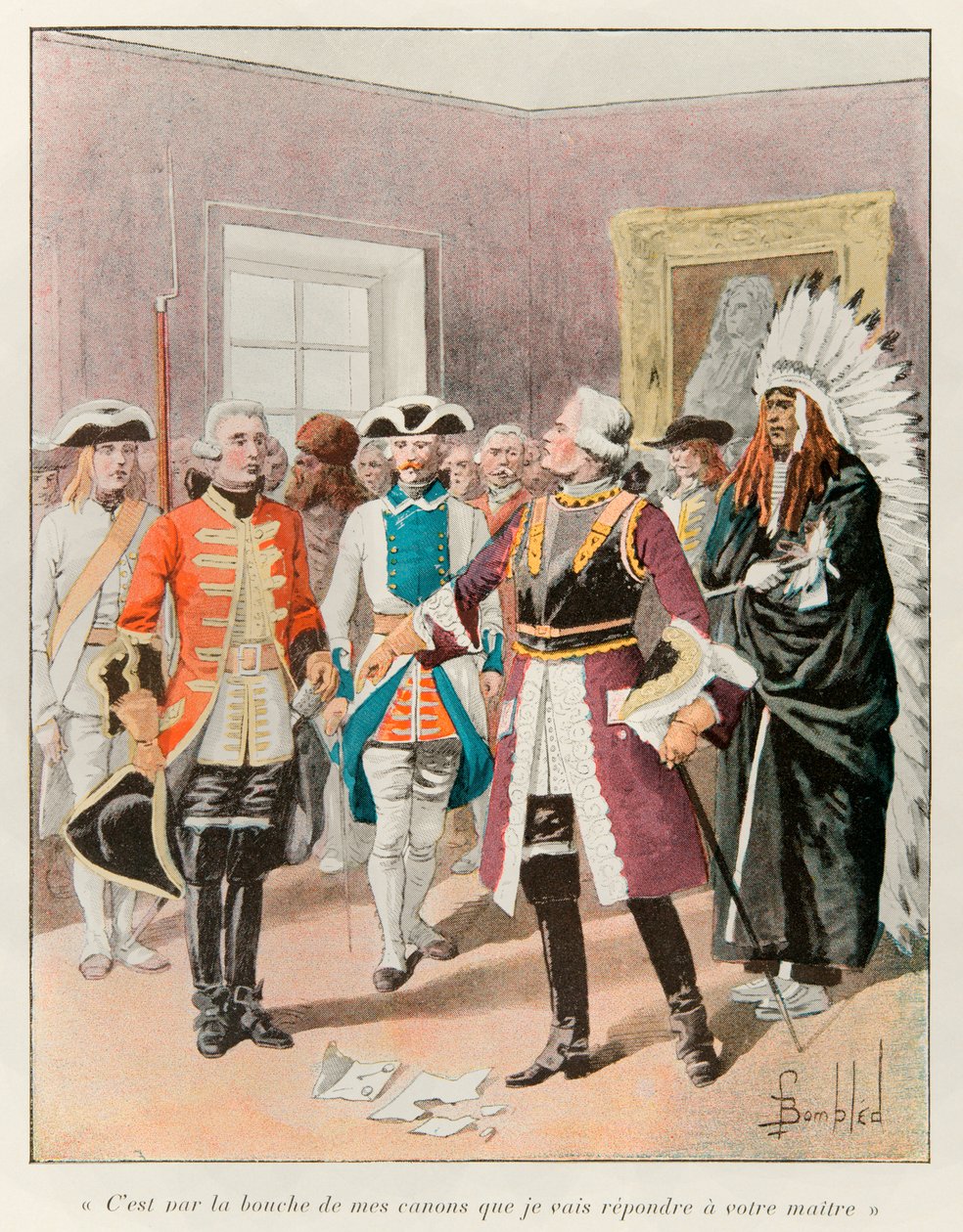 Bombardovaný Louis (1862 - 1927); Louis de Frontenac (1622-1698), který v roce 1690 přijal anglického vyslance, který ho povolal, aby bez boje předal město Quebec, mu odpověděl „“ ústy svých zbraní odpovím vašemu pánovi „“; Histoire de la od Louis Charles Bombled