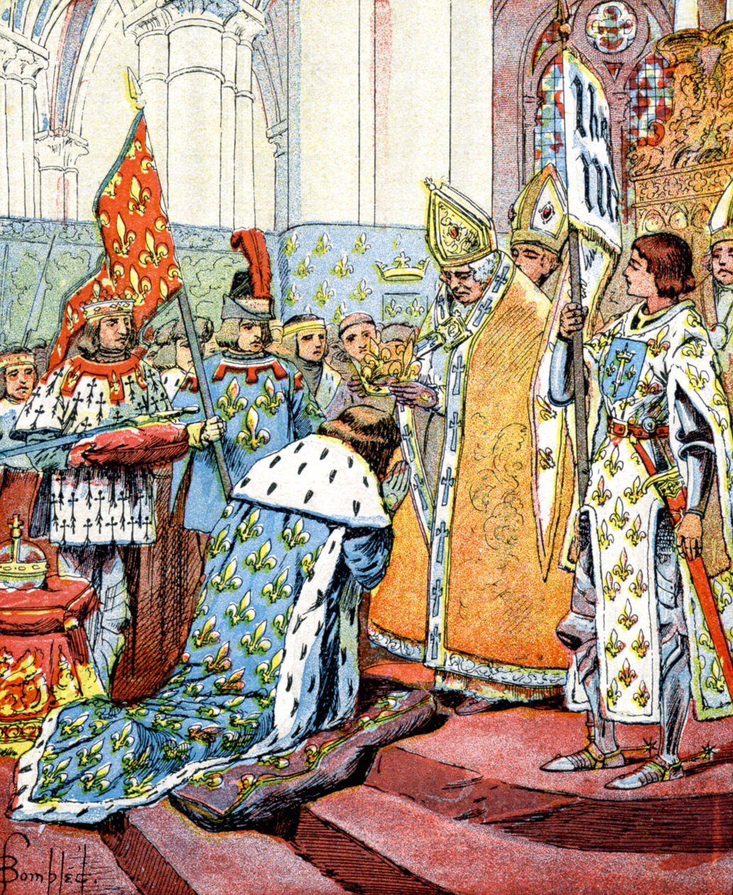 Korunovace francouzského krále Karla VII. za přítomnosti Johanky z Arku 17. července od Louis Charles Bombled