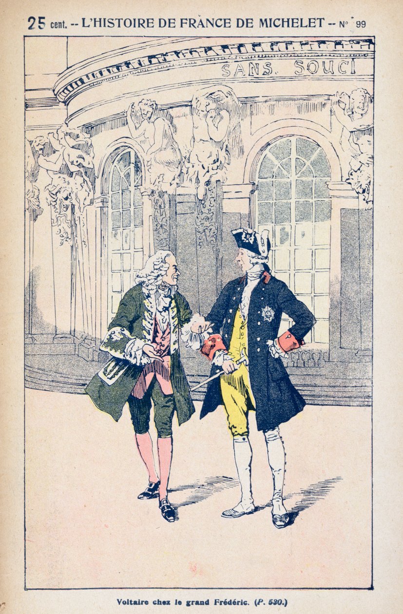 Francois Voltaire (1694-1778) s pruským králem Fridrichem II. (1712-86) v Sanssouci u Postupimi, z „Histoire de France“ od Julese Micheleta (1798-1874) kolem roku 1900 od Louis Charles Bombled