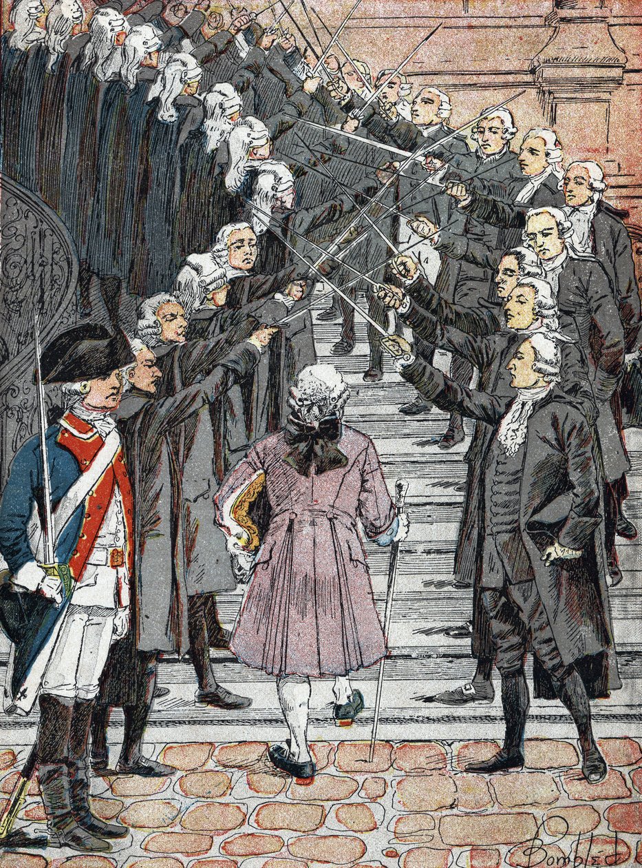 Francouzská revoluce: Francouzský král Ludvík XVI. svolaný, aby přišel na pařížskou radnici, překračuje „ocelovou klenbu“ stráží od Louis Charles Bombled