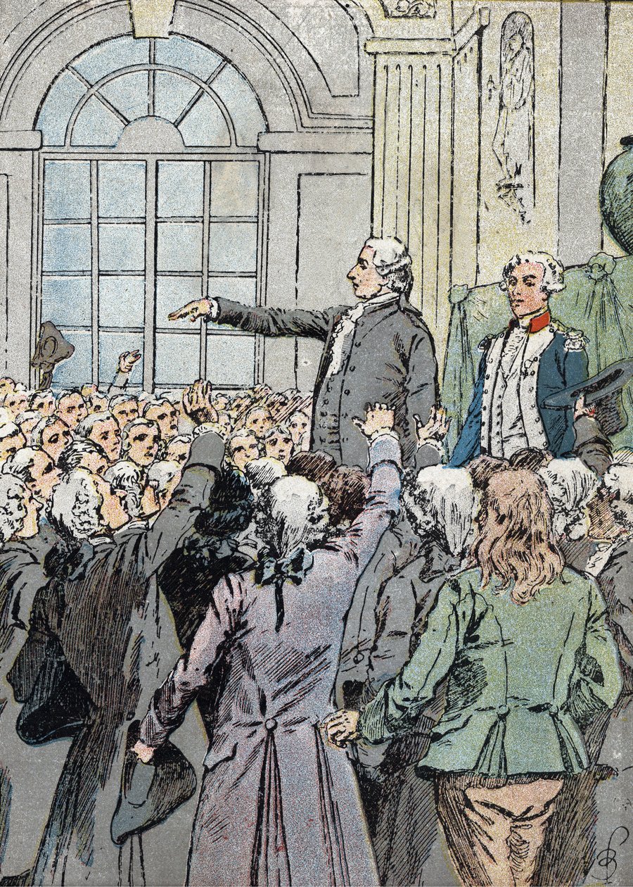 Francouzská revoluce: „“ Zástupce Jean Sylvain Bailly (1736-1793) byl zvolen starostou Paříže dne 15. 7. 1789 za přítomnosti La Fayette“ (Politický vůdce Jean-Sylvain Bailly zvolen starostou Paříže dne 15. 1789) Ilustrace Louis Charles B od Louis Charles Bombled