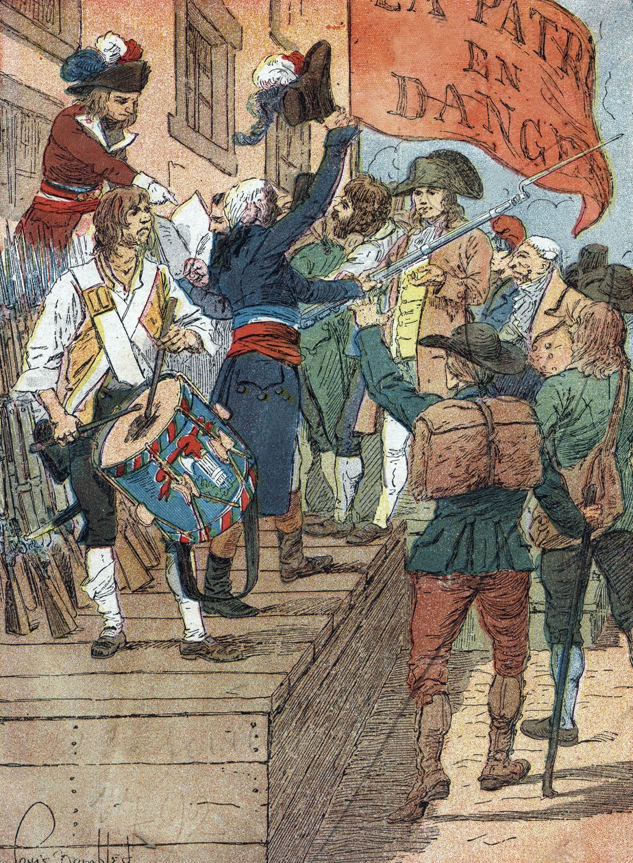 Francouzské revoluční války: dobrovolné narukování po porážkách Francie ve válce mezi revoluční Francií a kontrarevolučními monarchiemi, francouzský sněm vyhlašuje Nebezpečí vlasti, 22. července 1792) Ilustrace Louis Charles od Louis Charles Bombled