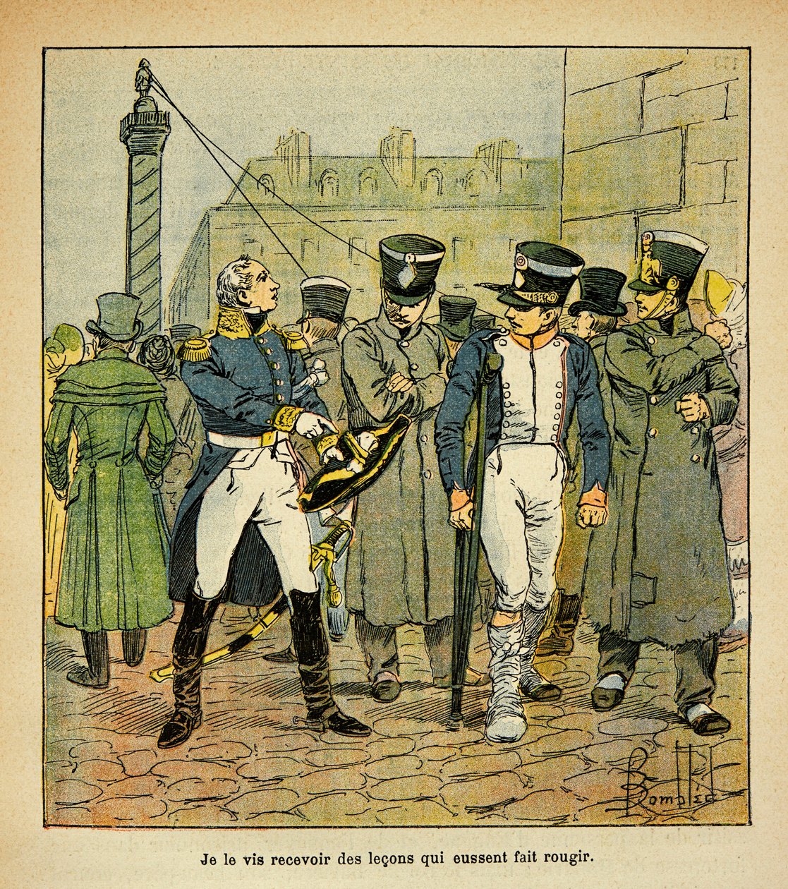 Ilustrace Bombled Louis (1862-1927) z knihy „Památník svaté Heleny“ od hraběte Emmanuela de Las Cases (1766-1842): Bývalý Napoleonův důstojník, který je v rekonstrukci, vyzývá bývalé brance, aby odmítli imperiální režim, Částečná sbírka od Louis Charles Bombled
