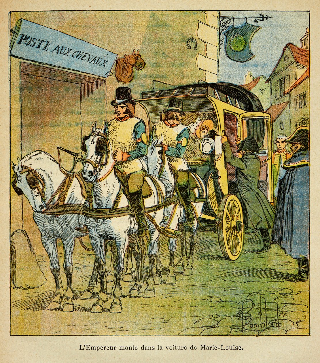 Ilustrace Bombled Louis (1862-1927) z knihy „Památník svaté Heleny“ od hraběte Emmanuela de Las Cases (1766-1842): Císař Napoleon jede v autě, aby se setkal se svou ženou Marií Louise v roce 1810, Soukromá sbírka od Louis Charles Bombled