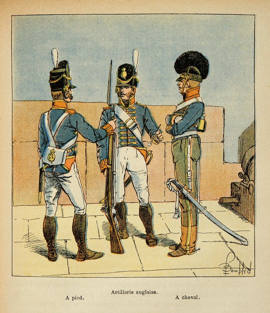 Ilustrace Bombled Louis (1862-1927) z knihy „The Memorial of Saint Helene“ od hraběte Emmanuela de Las Cases (1766-1842): Anglické dělostřelectvo: Pěšky; Na koni, soukromá sbírka od Louis Charles Bombled